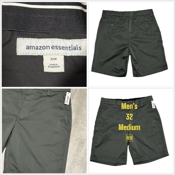 Amazon essential 32 Medium Golf Shorts Olive Chino Khakis Silicone Gripper Waist - Picture 1 of 8